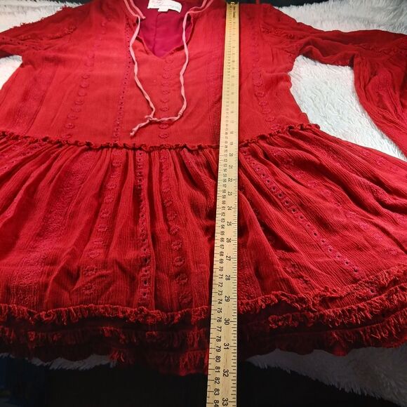 Rayon Red/Rust Colored Boho Lined Tunic V-tie Neck, Long Bell Sleeve Woman's L.. - Picture 11 of 16